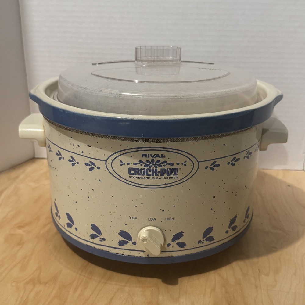 VTG Rival 5 Qt Crock Pot Slow Cooker Blue Cottage Country Stoneware w/ Lid 3355